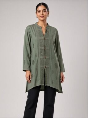 Geeta Green Rayon Embroidered Long Sleeve Boho Tunic Top Blouse Free Size